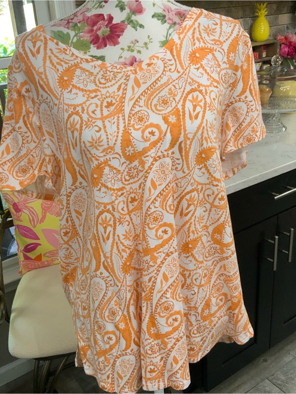 Soft Surroundings Short Sleeve Knit Top Orange White Paisley Classic PXL Shirt
